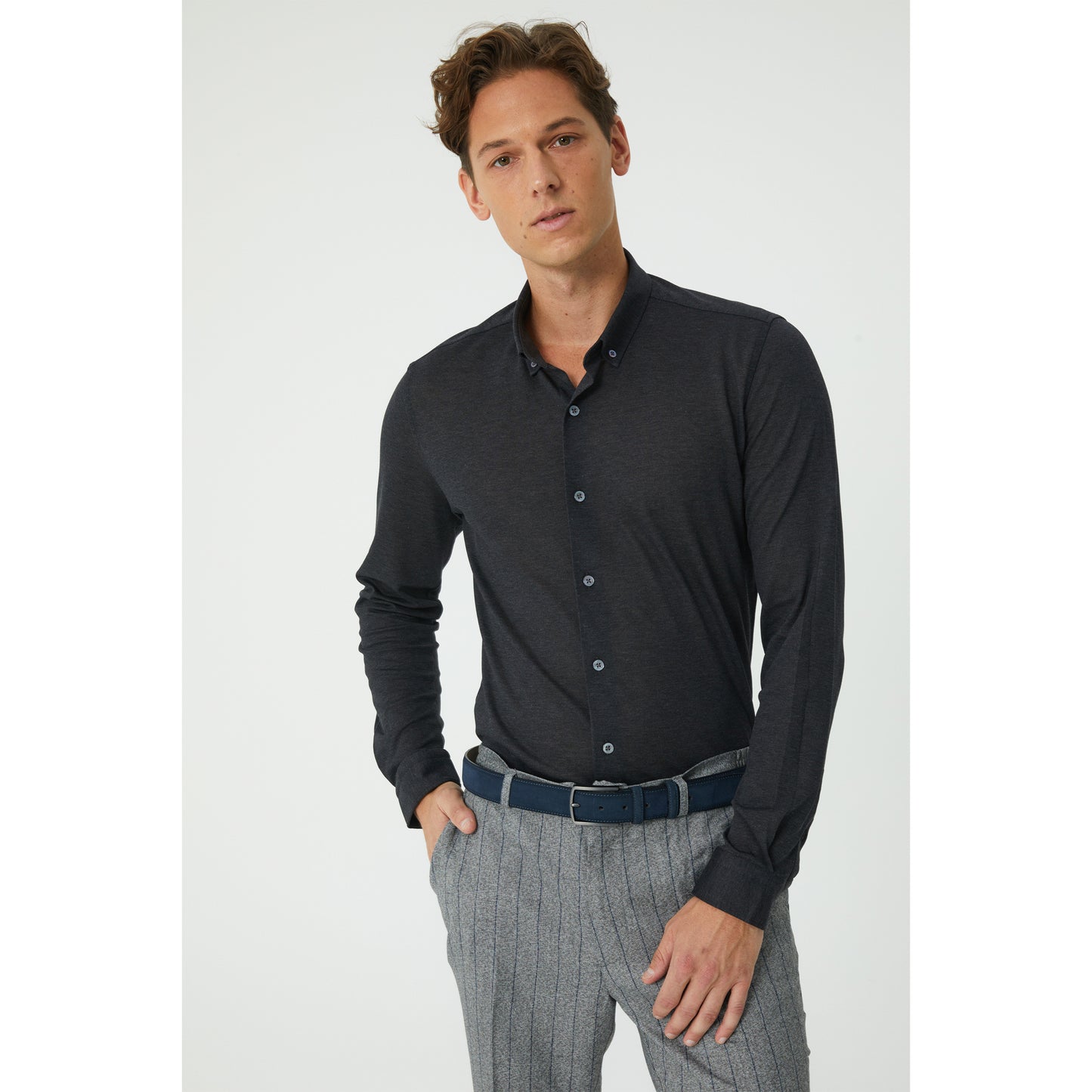 Dark Grey Pique Cotton Knit Shirt