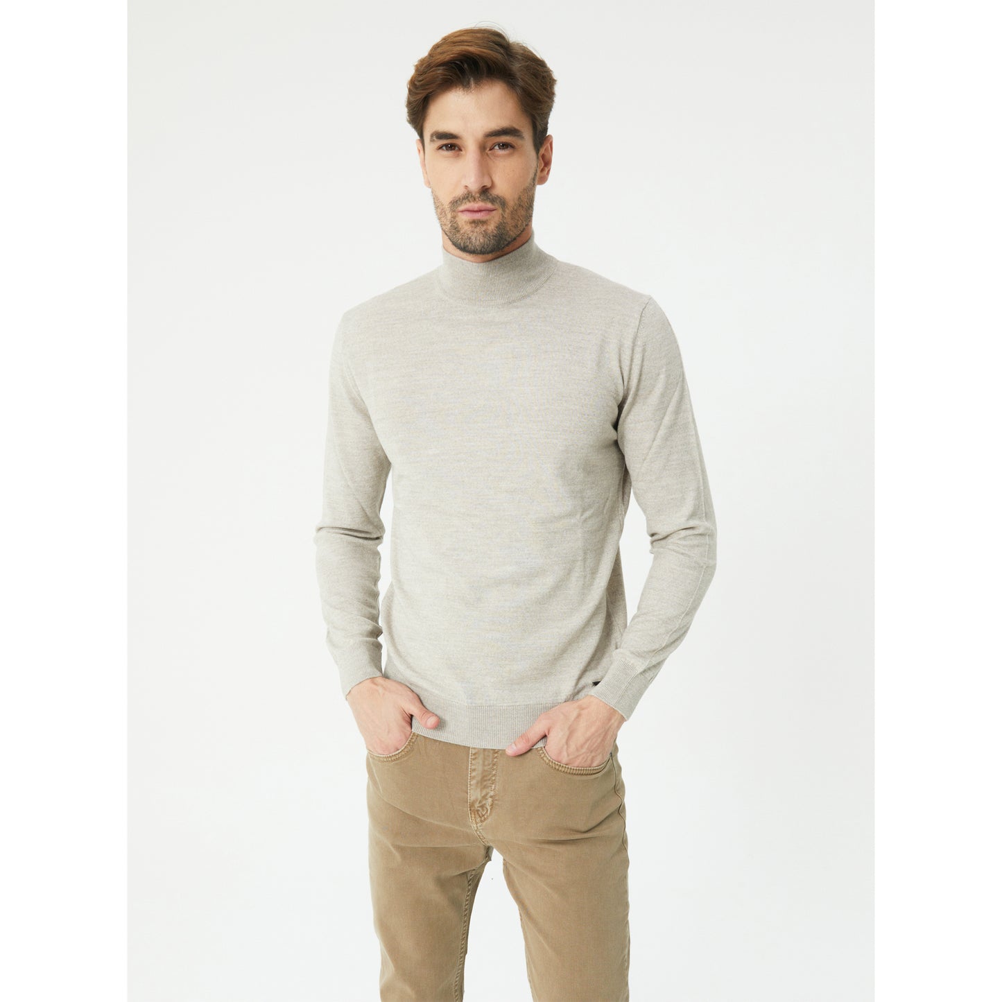 Beige Wool Blend Turtleneck Sweater