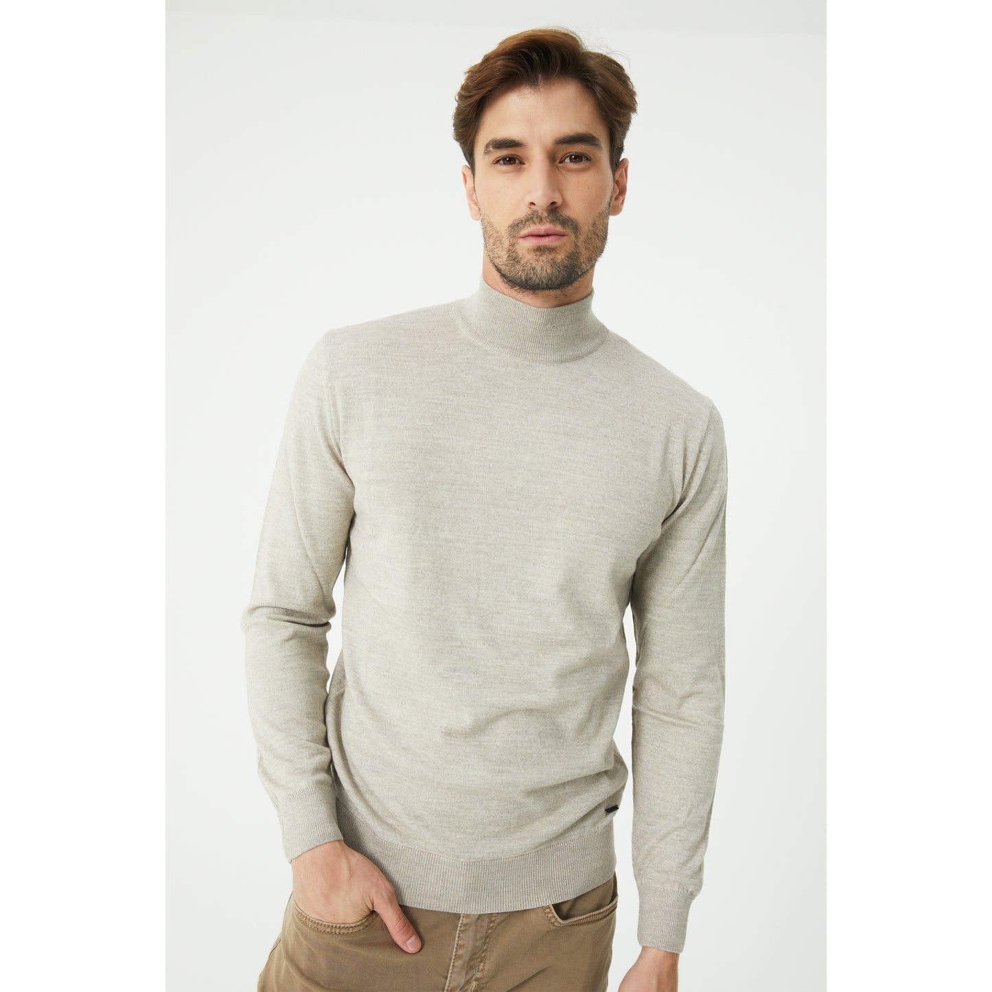 Beige Wool Blend Turtleneck Sweater