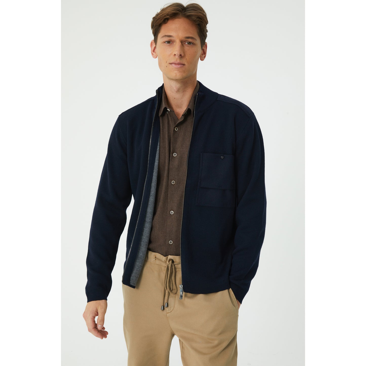 Navy Wool Blend Zip-Up Cardigan