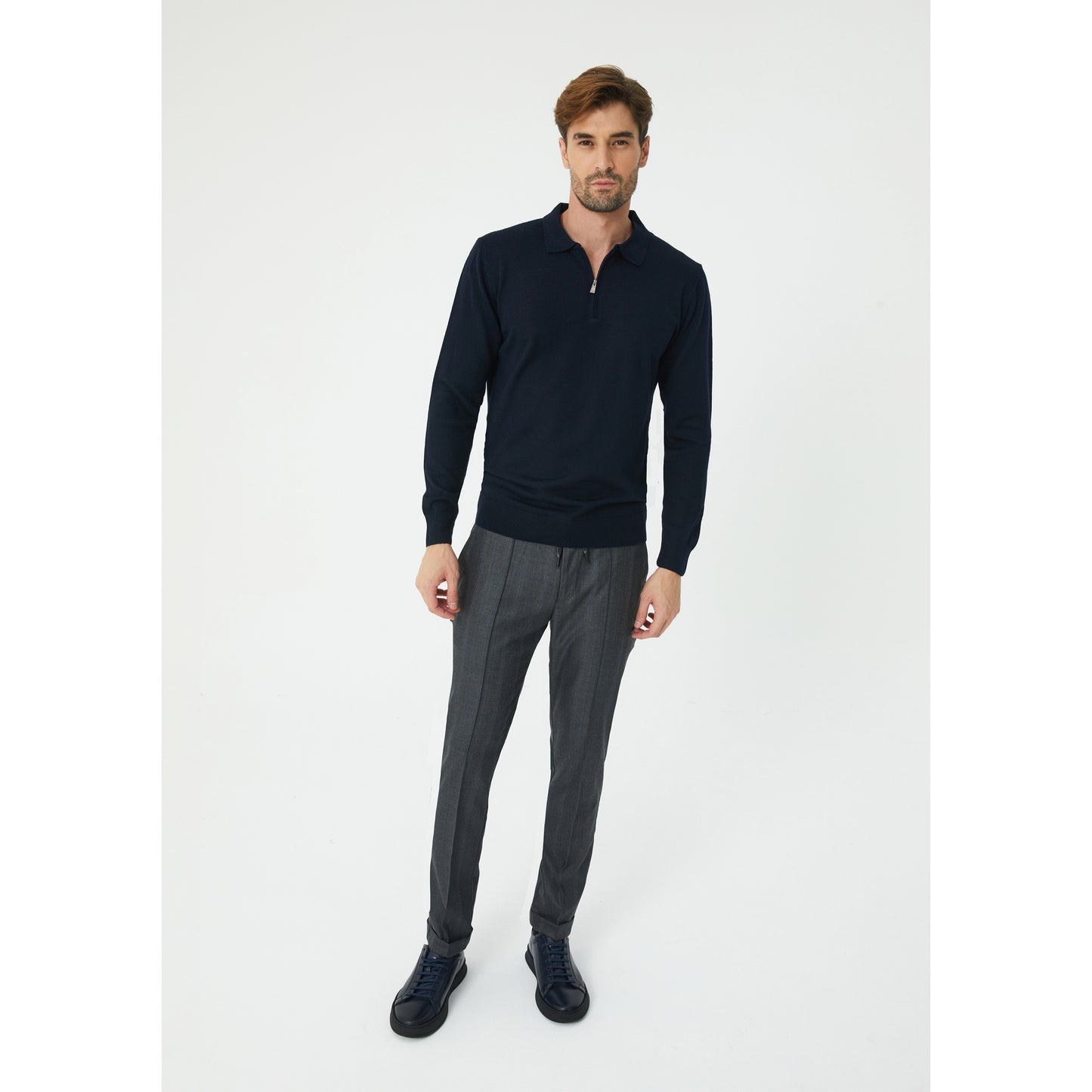 Dark Navy Wool Blend Half-Zip Sweater