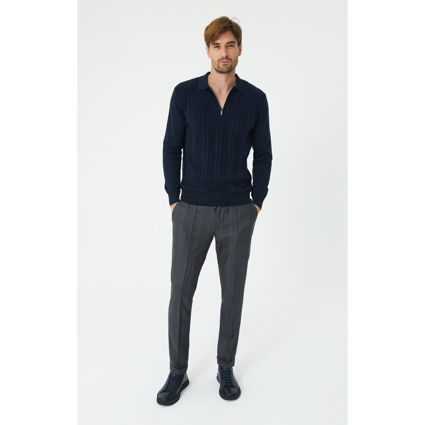 Navy Textured Half Zip Sweater