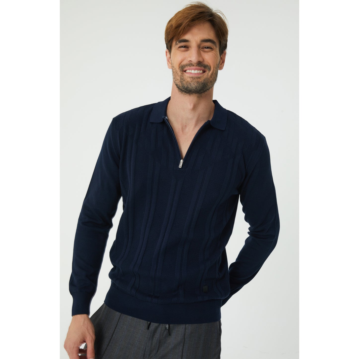 Navy Textured Half Zip Sweater