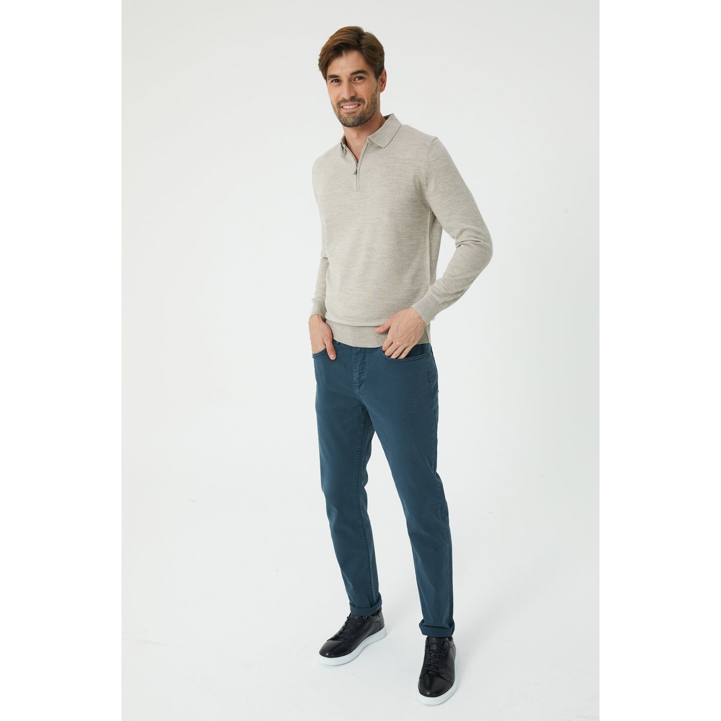 Beige Wool Blend Half-Zip Sweater