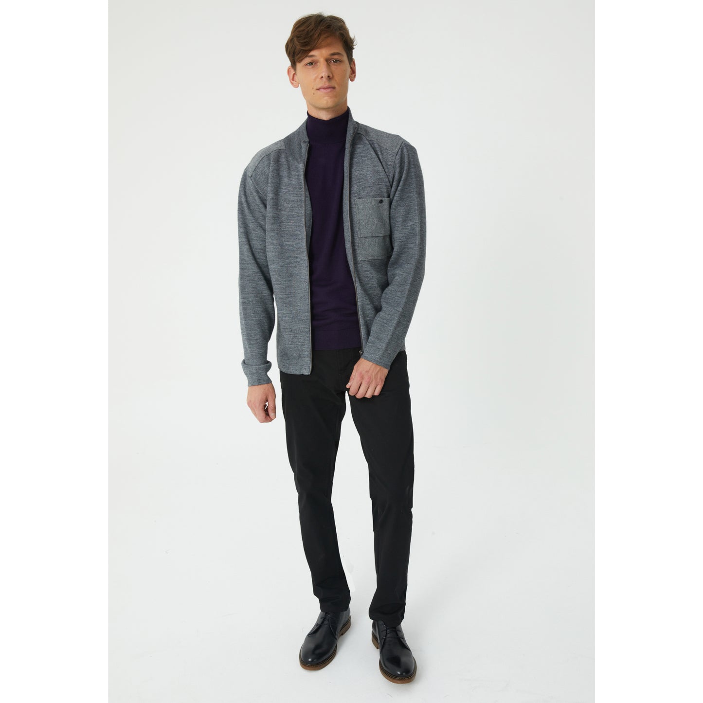 Grey Wool Blend Zip-Up Cardigan