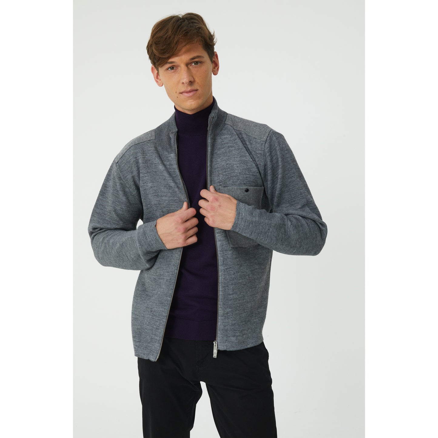 Grey Wool Blend Zip-Up Cardigan