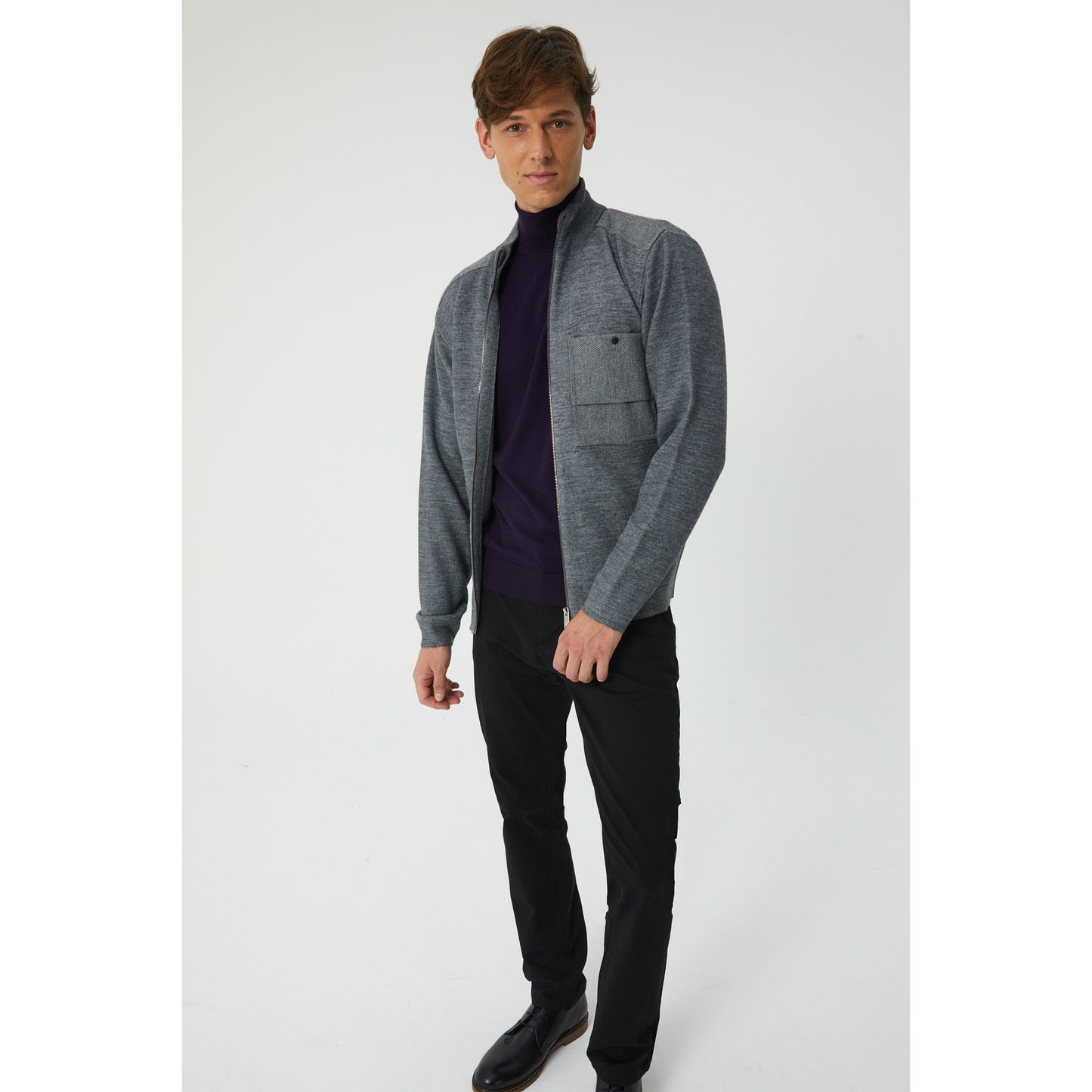 Grey Wool Blend Zip-Up Cardigan