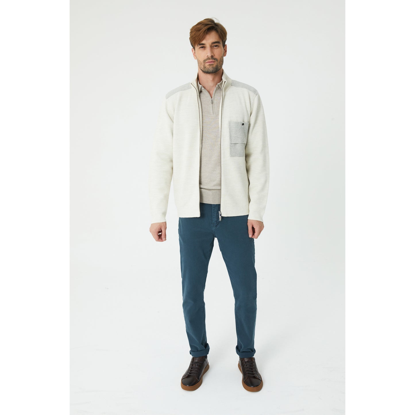 Cream Wool Blend Zip-Up Cardigan