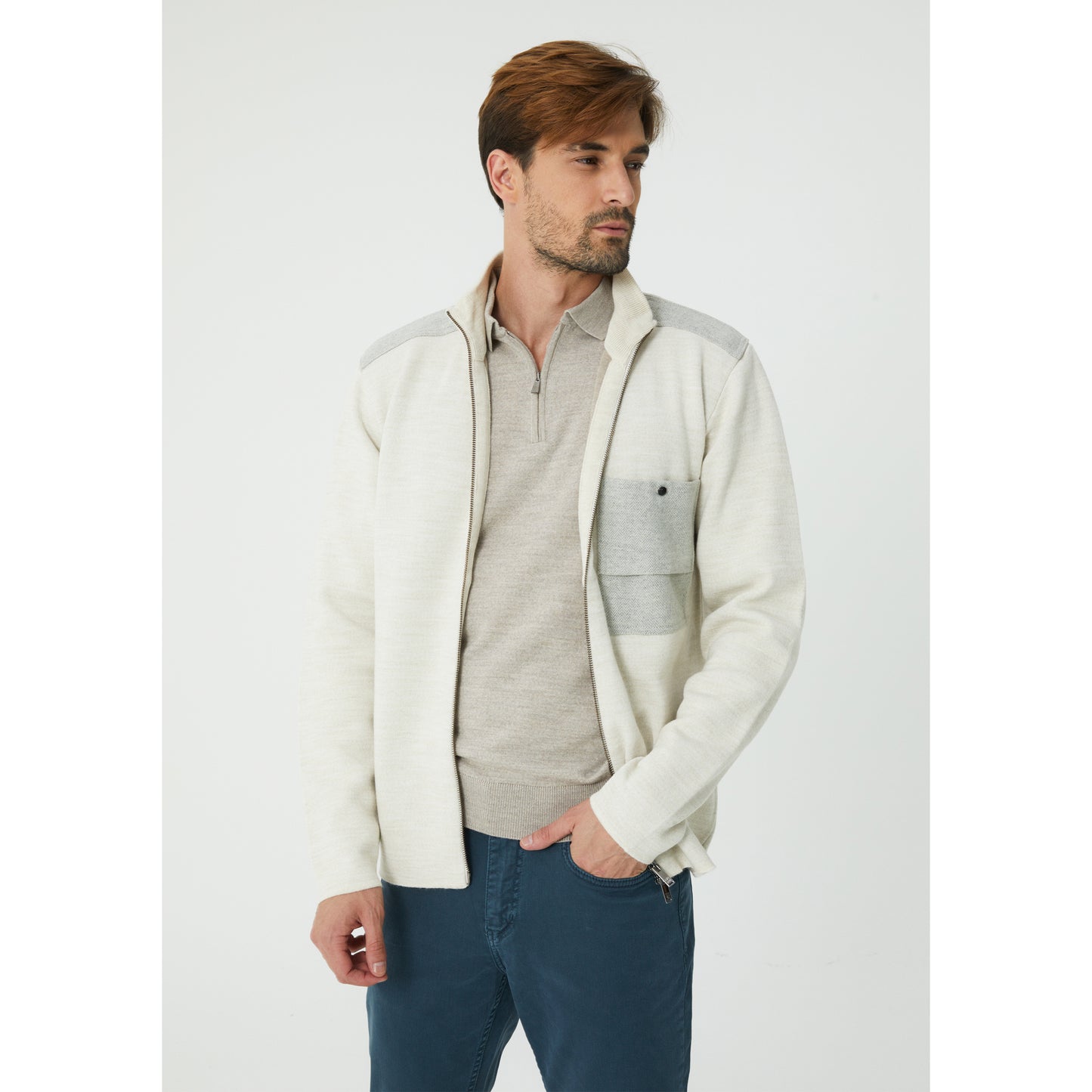 Cream Wool Blend Zip-Up Cardigan
