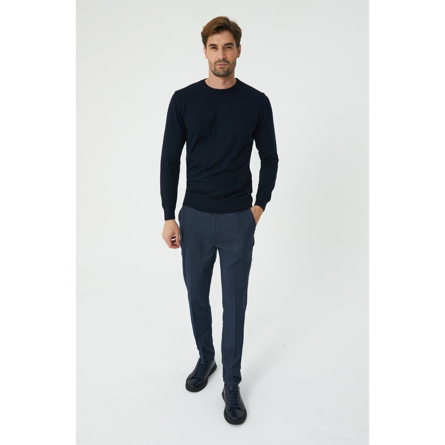Dark Navy Wool Blend Crew-Neck Sweater