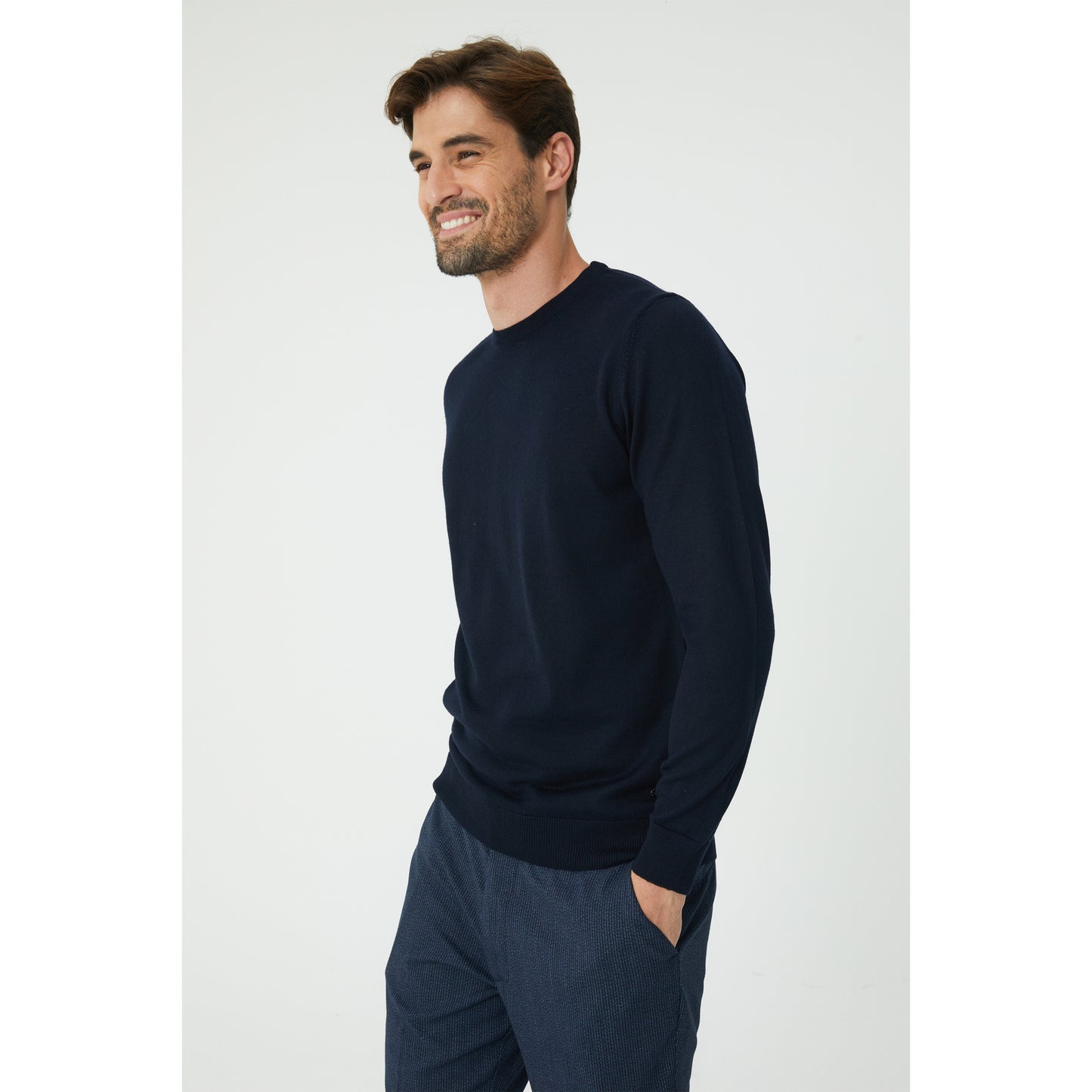 Dark Navy Wool Blend Crew-Neck Sweater