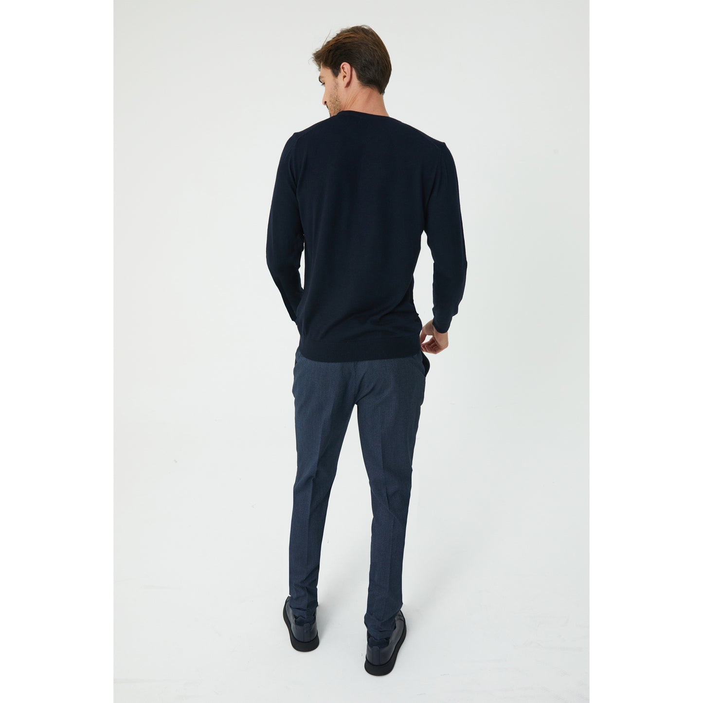 Dark Navy Wool Blend Crew-Neck Sweater