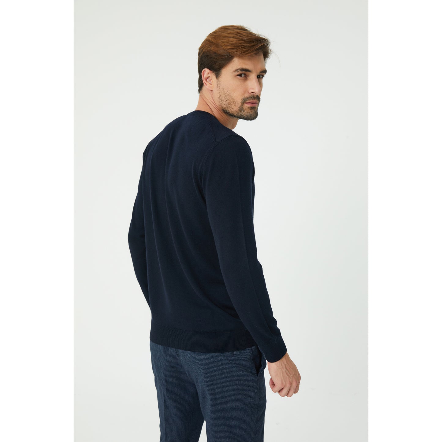 Dark Navy Wool Blend Crew-Neck Sweater