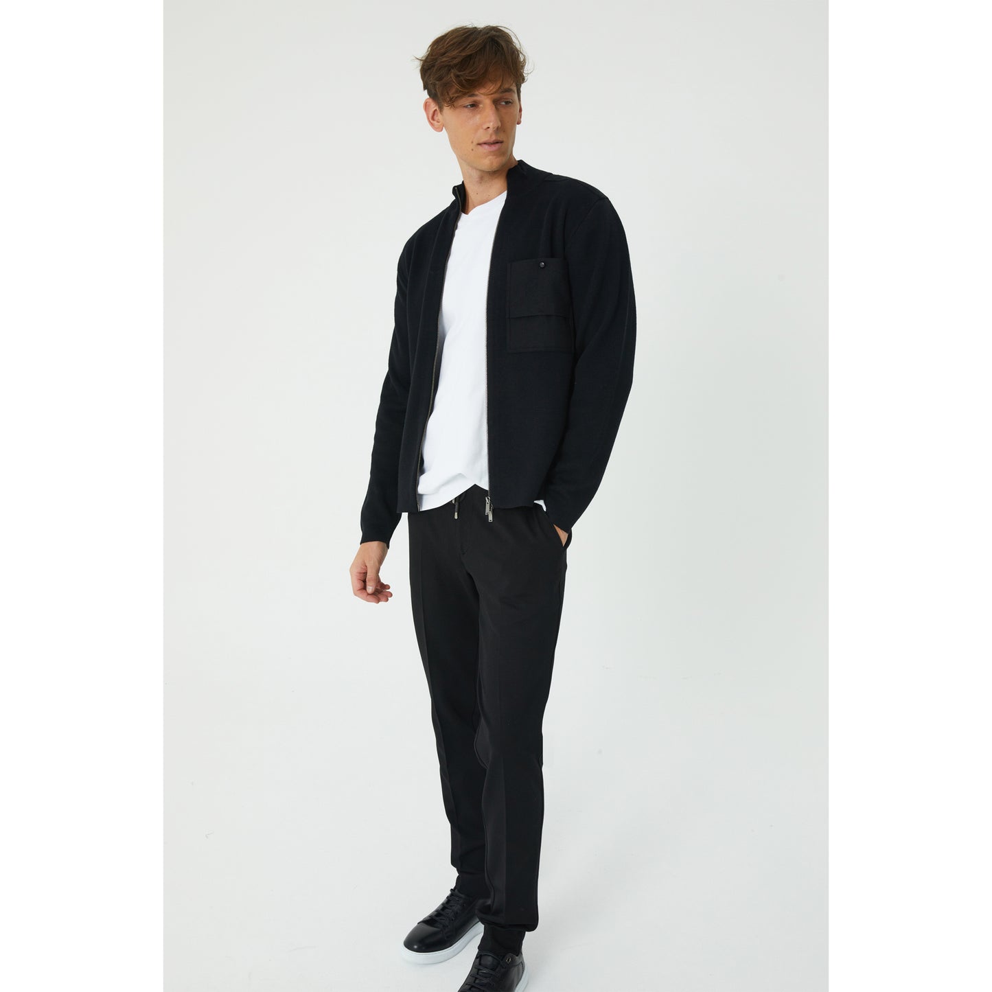 Black Wool Blend Zip-Up Cardigan
