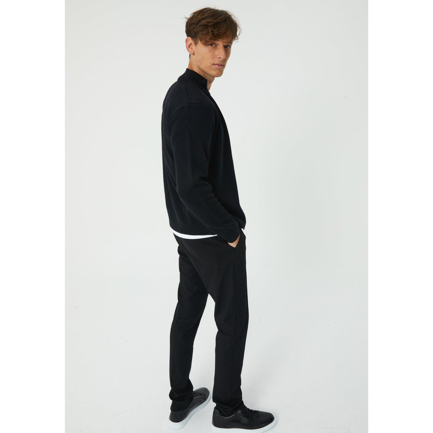 Black Wool Blend Zip-Up Cardigan