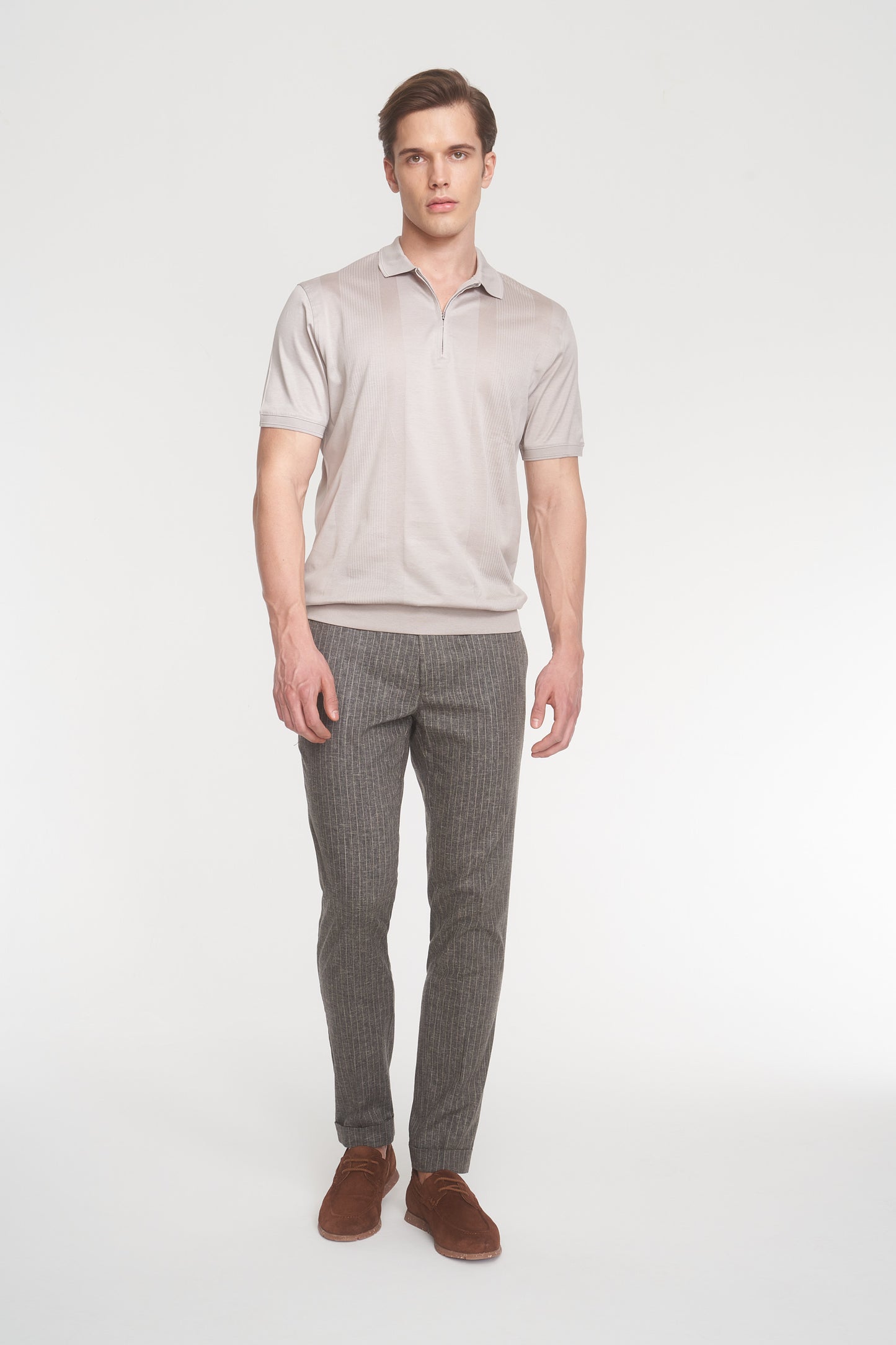 Beige Stipe Drawstring Linen Trousers