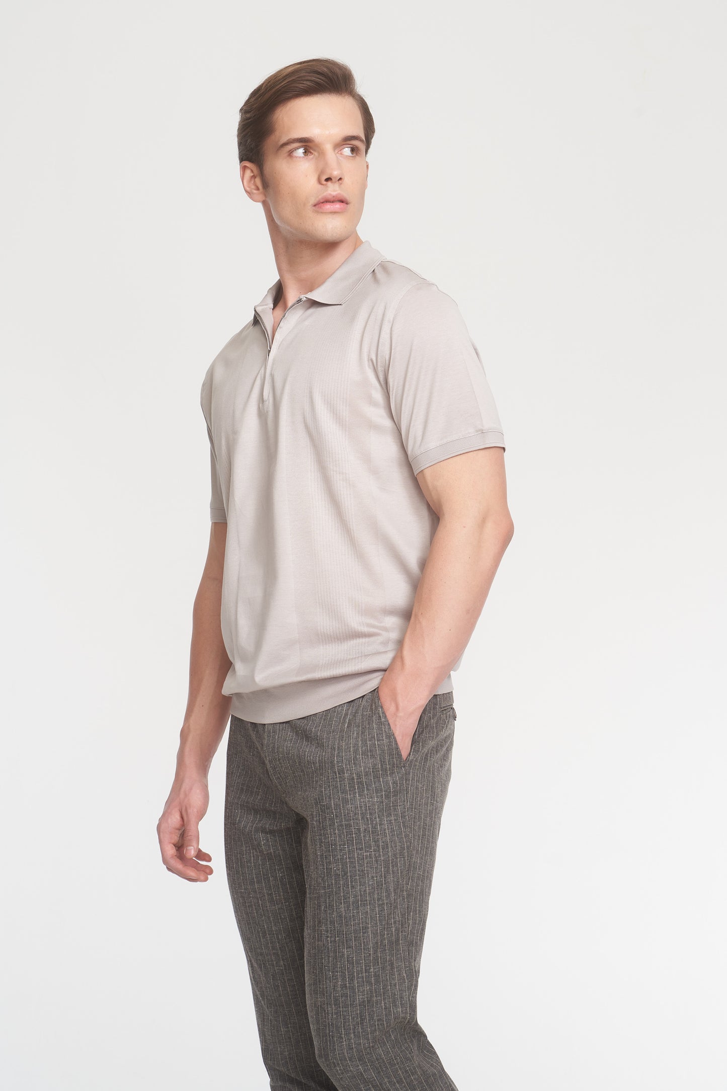 Beige Mercerized Cotton Patterned Polo Zip-Up T-Shirt