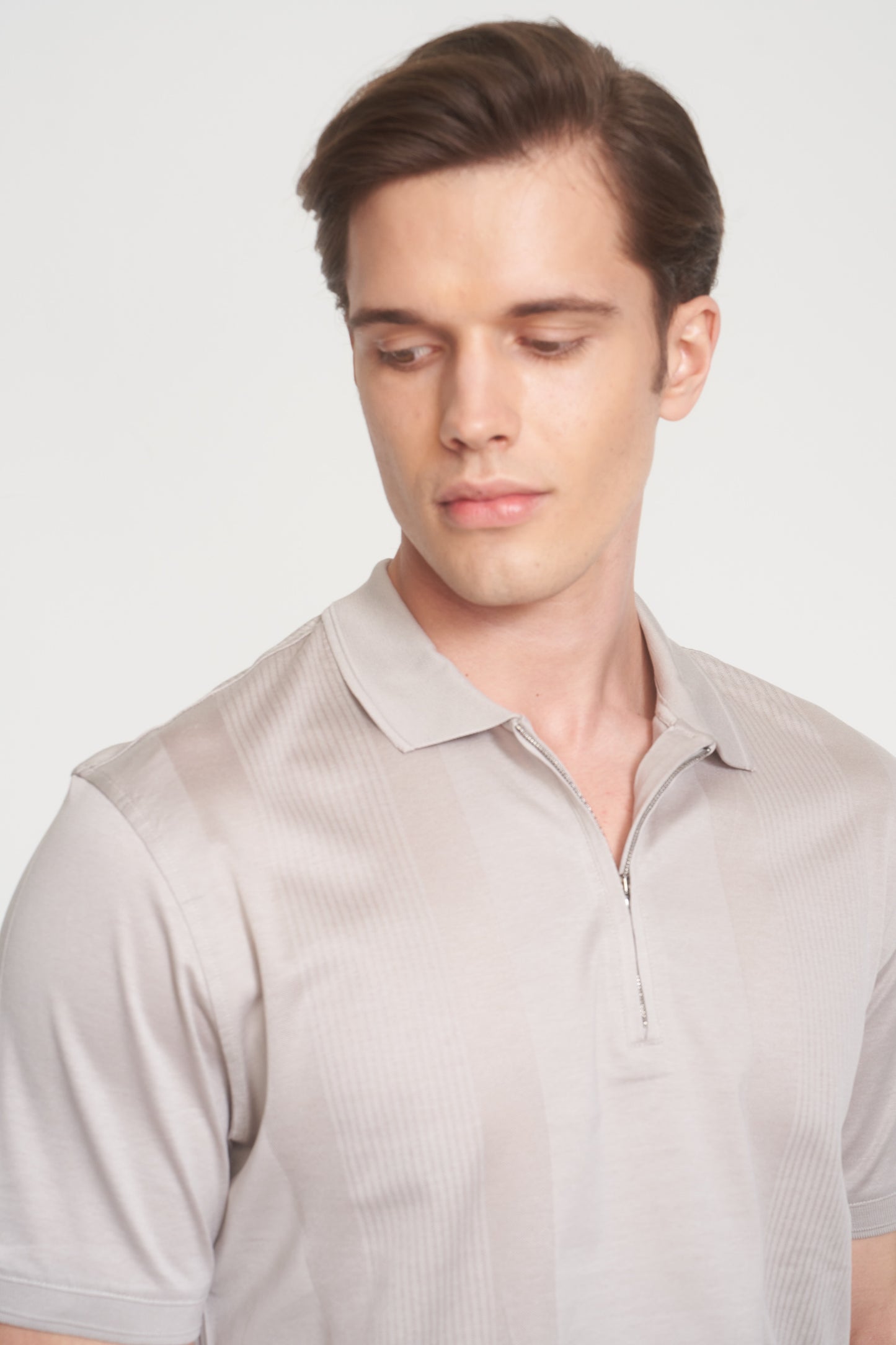 Beige Mercerized Cotton Patterned Polo Zip-Up T-Shirt