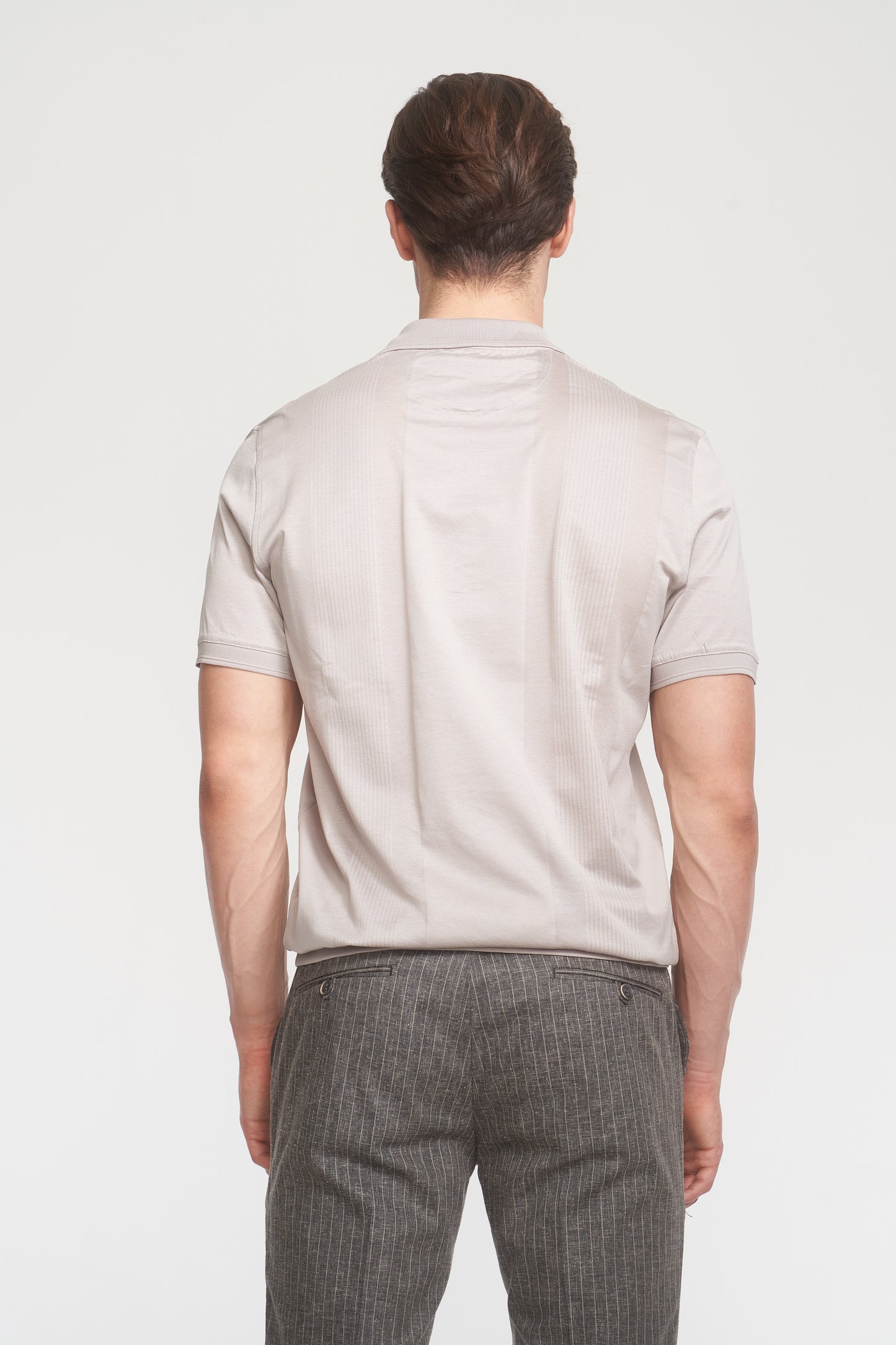 Beige Mercerized Cotton Patterned Polo Zip-Up T-Shirt