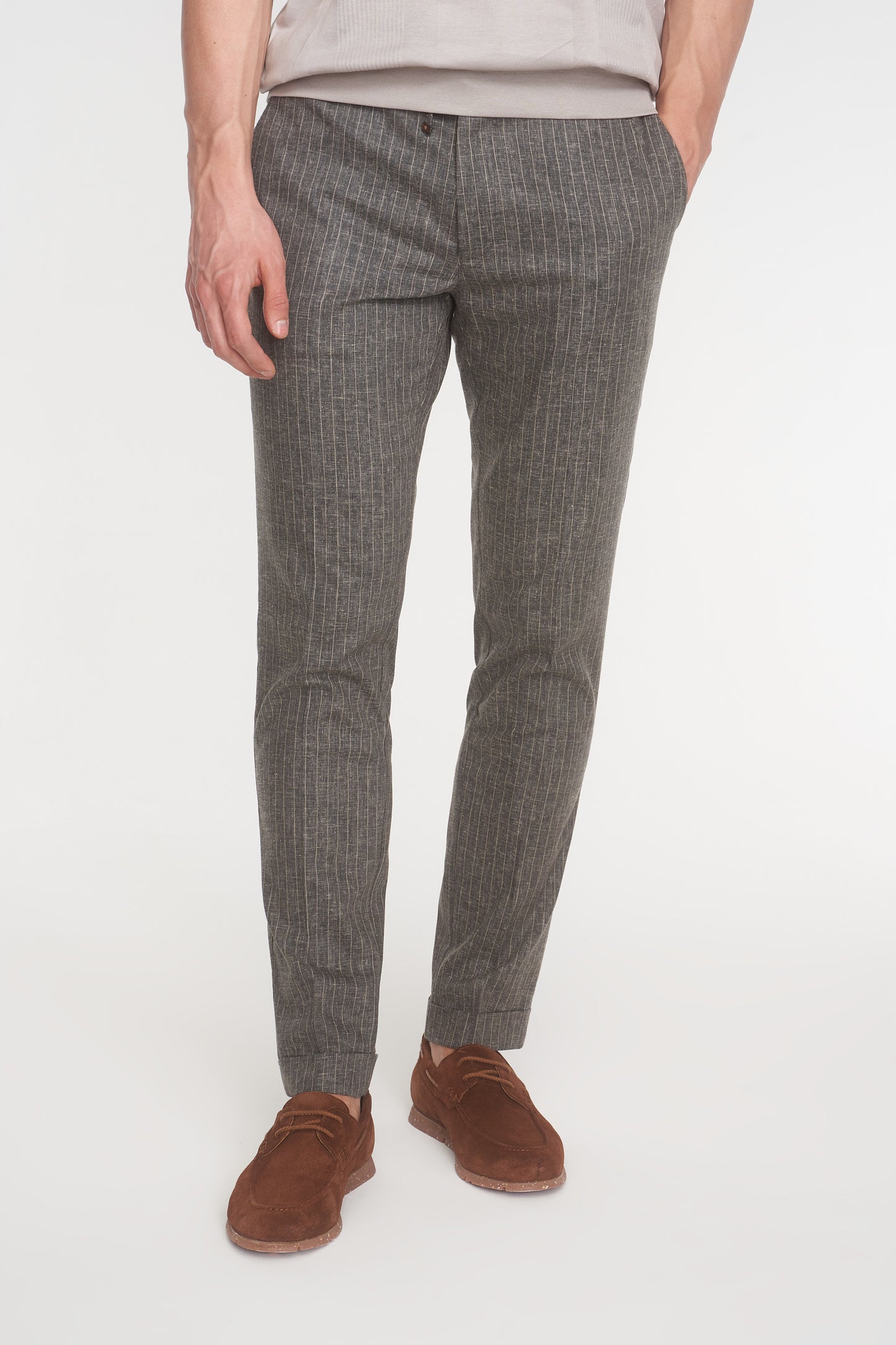 Beige Stipe Drawstring Linen Trousers