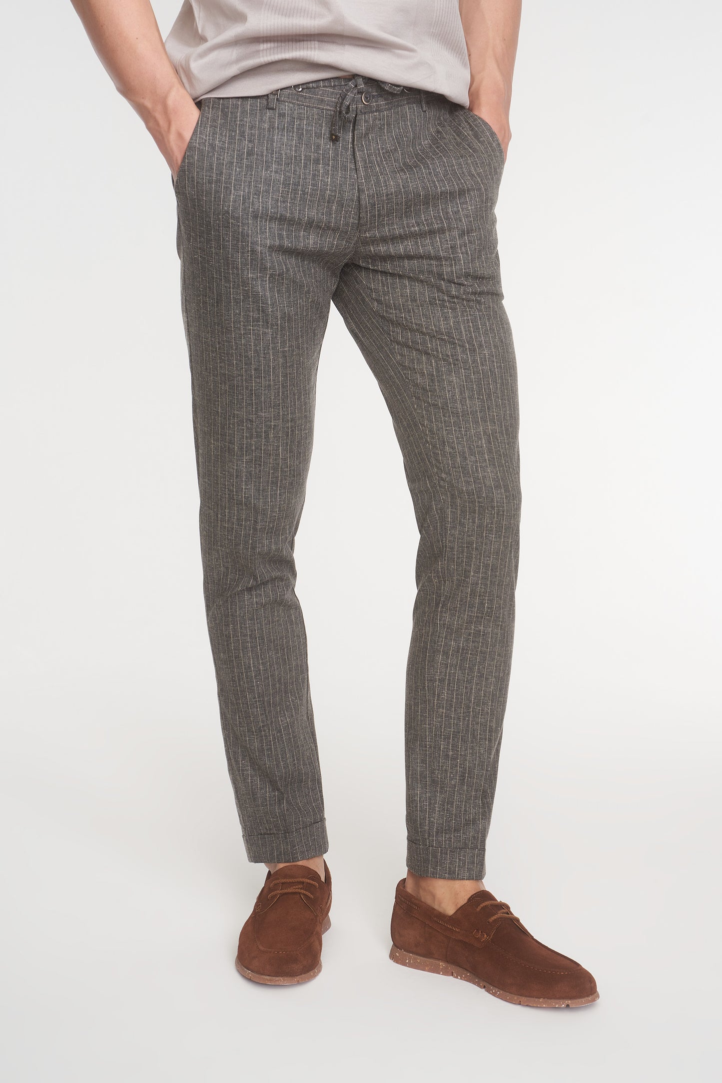 Beige Stipe Drawstring Linen Trousers