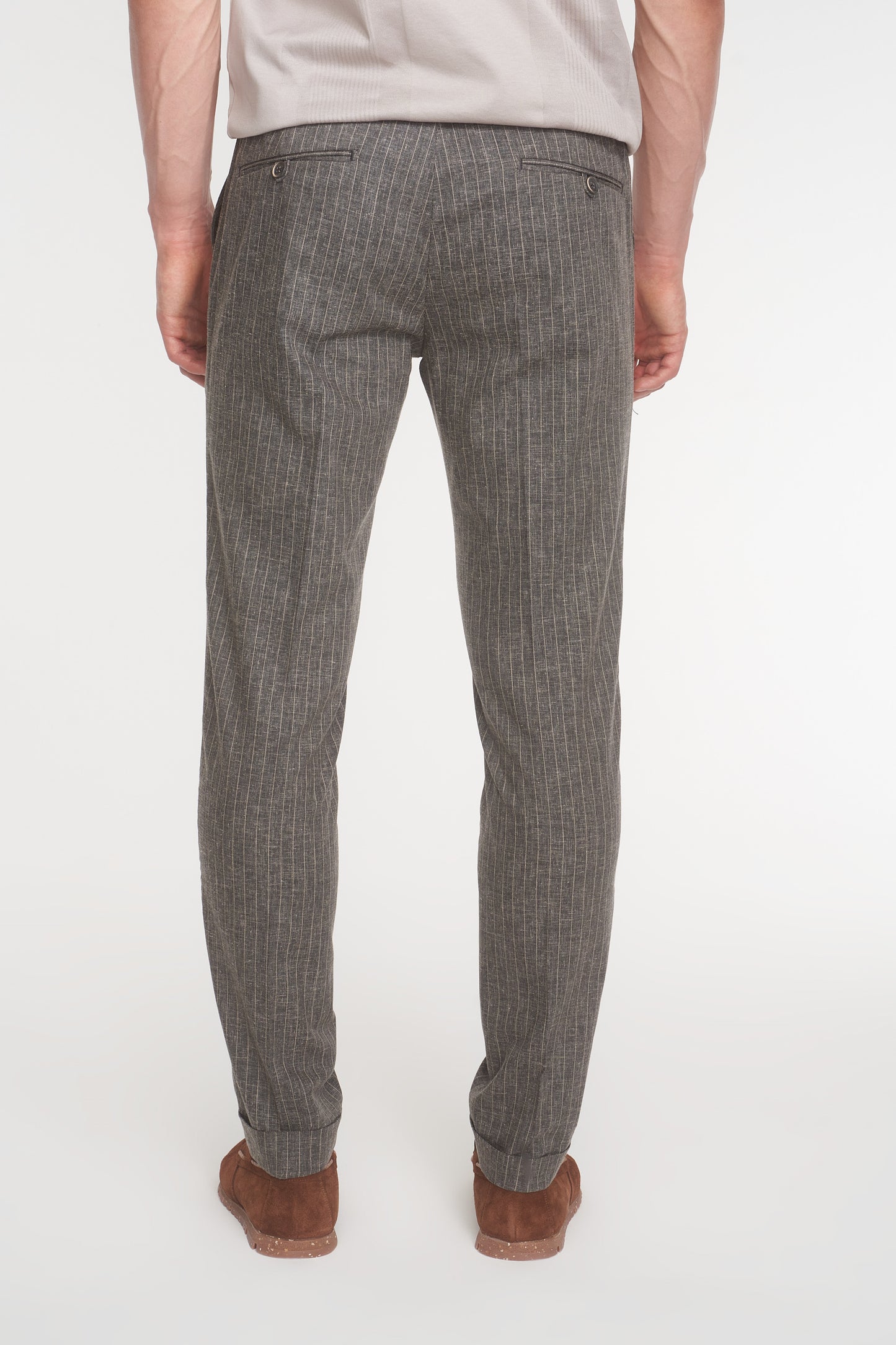 Beige Stipe Drawstring Linen Trousers