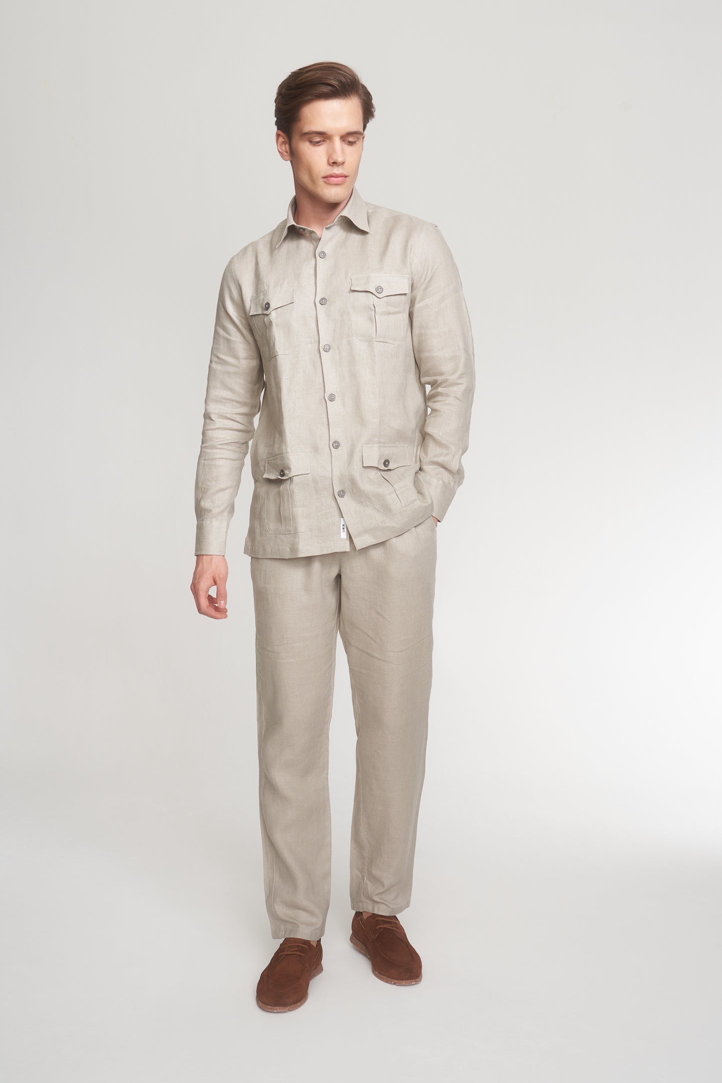 Beige Relaxed Fit Linen Trousers