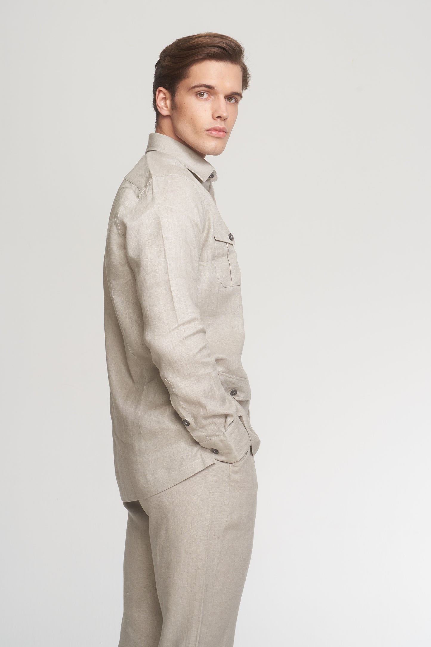 Beige Relaxed Fit Linen Trousers