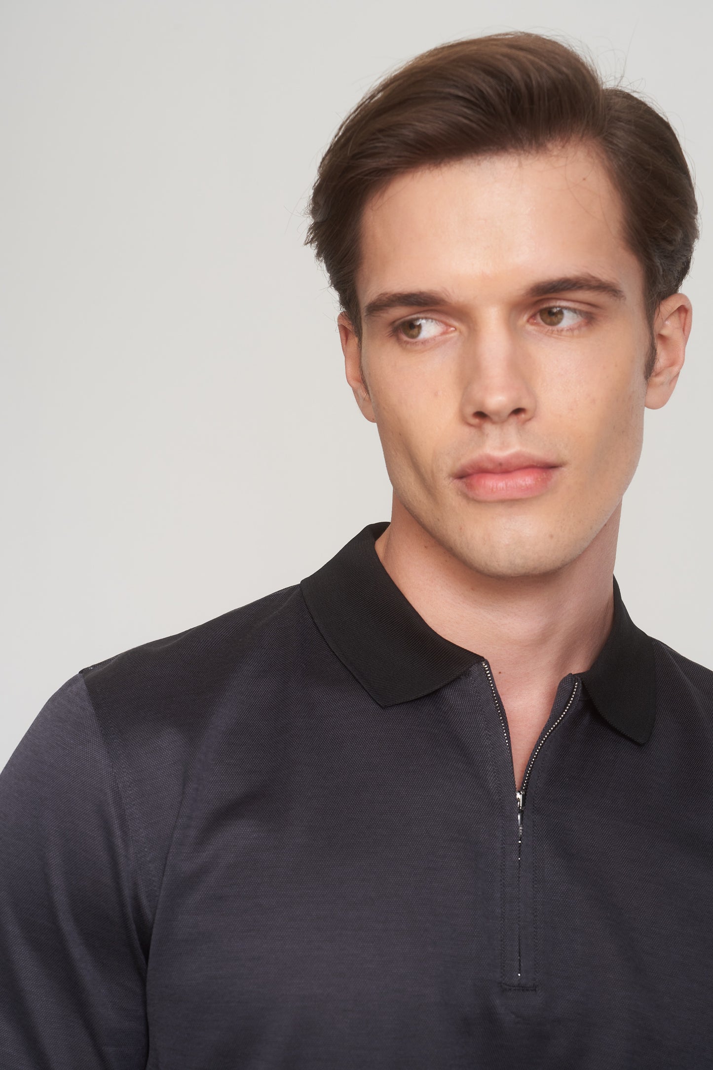 Black Mercerized Cotton Two Tone Zip-Up Polo T-Shirt