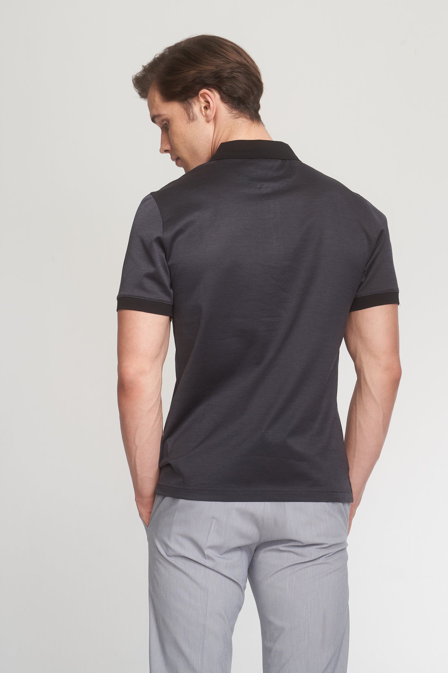 Black Mercerized Cotton Two Tone Zip-Up Polo T-Shirt
