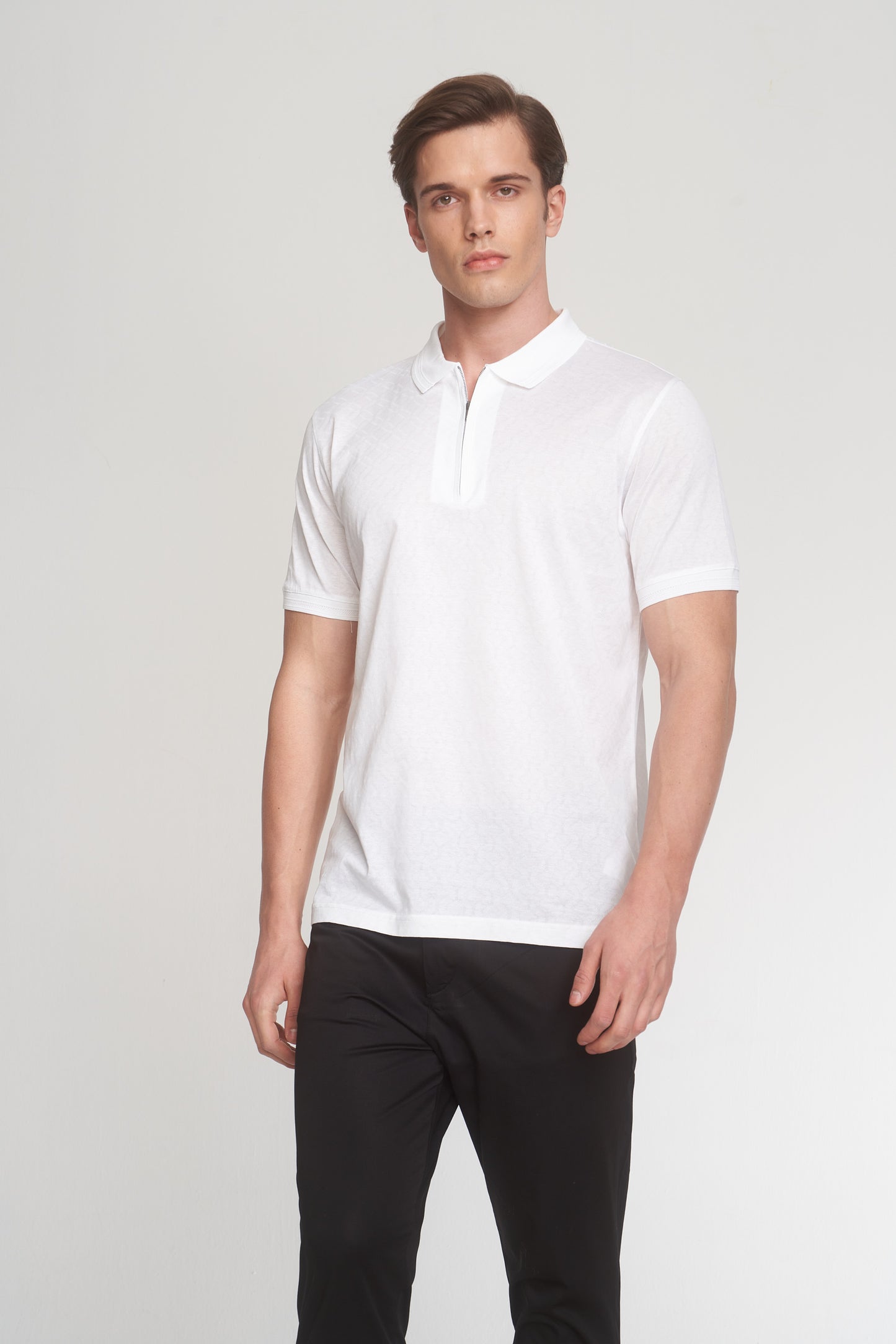 White Mercerized Cotton Patterned Polo T-Shirt