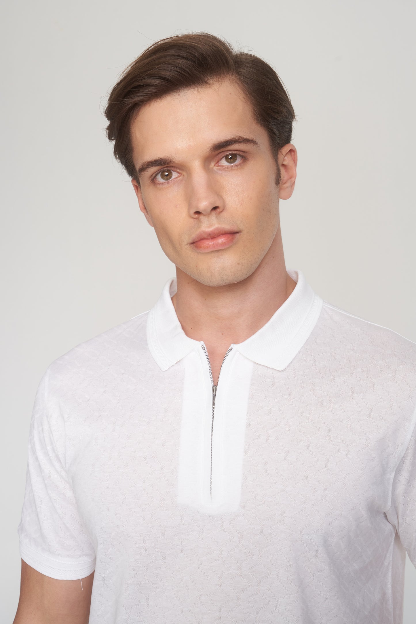 White Mercerized Cotton Patterned Polo T-Shirt
