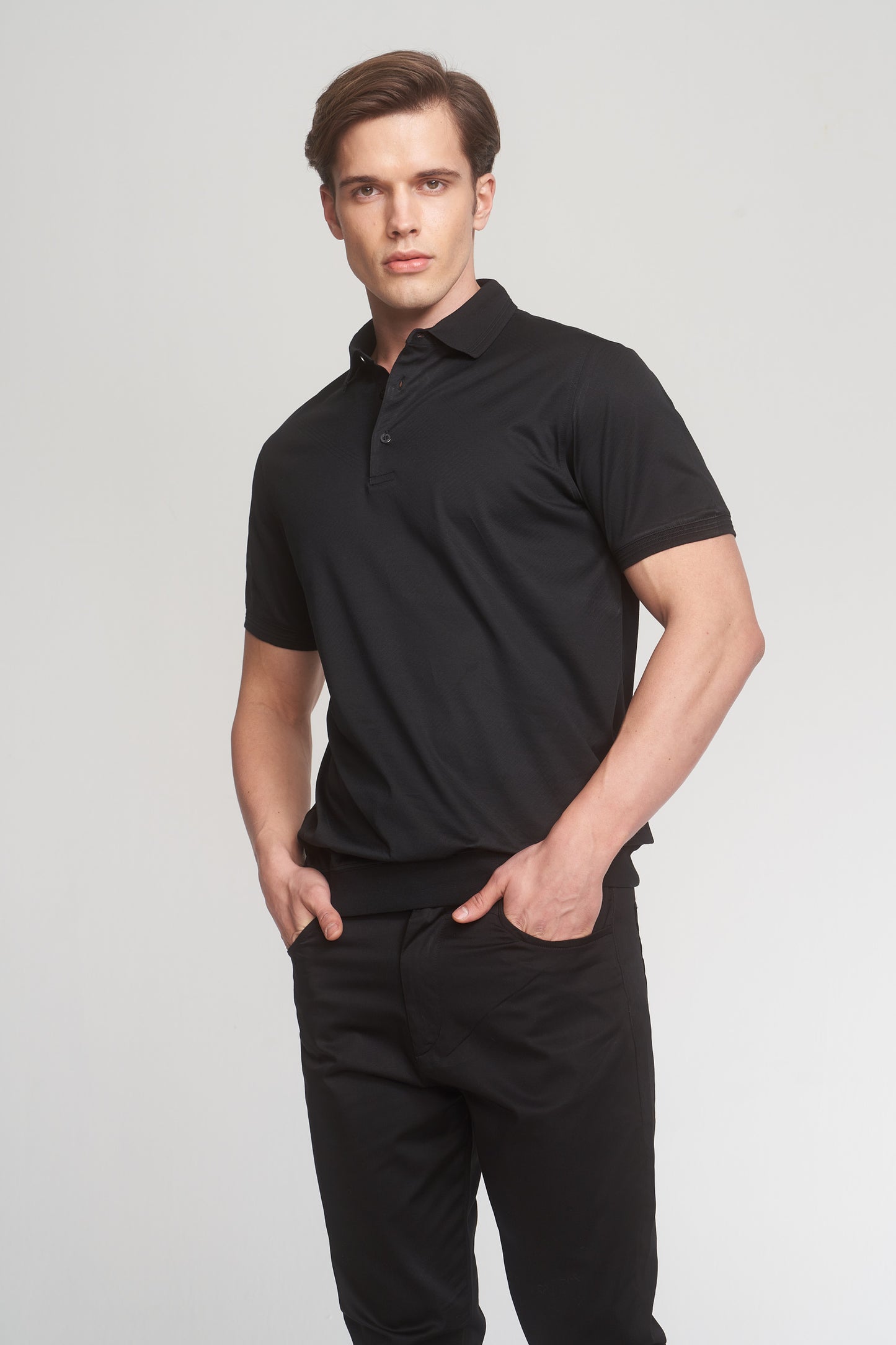 Black Mercerized Cotton Buttoned Polo T-Shirt