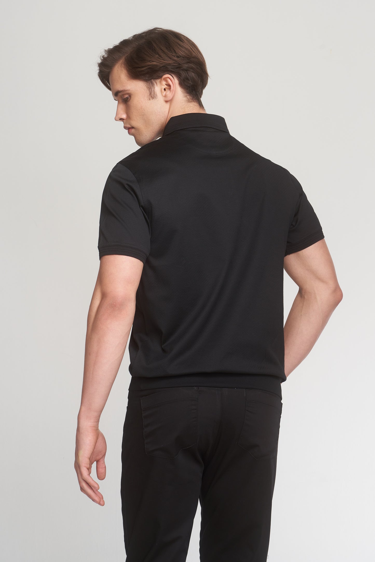 Black Mercerized Cotton Buttoned Polo T-Shirt