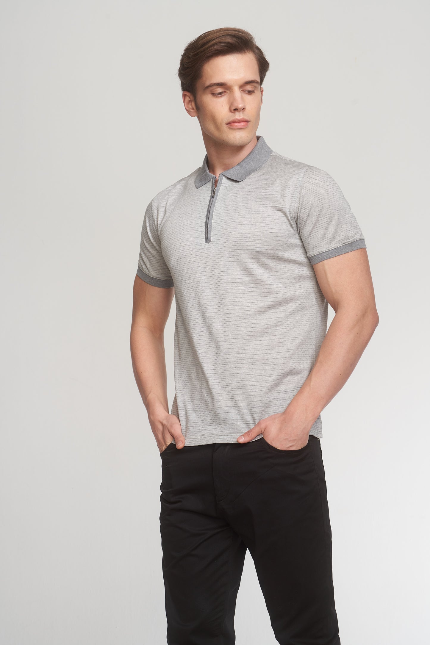 Grey Melange Mercerized Cotton Two Tone Zip-Up Polo T-Shirt
