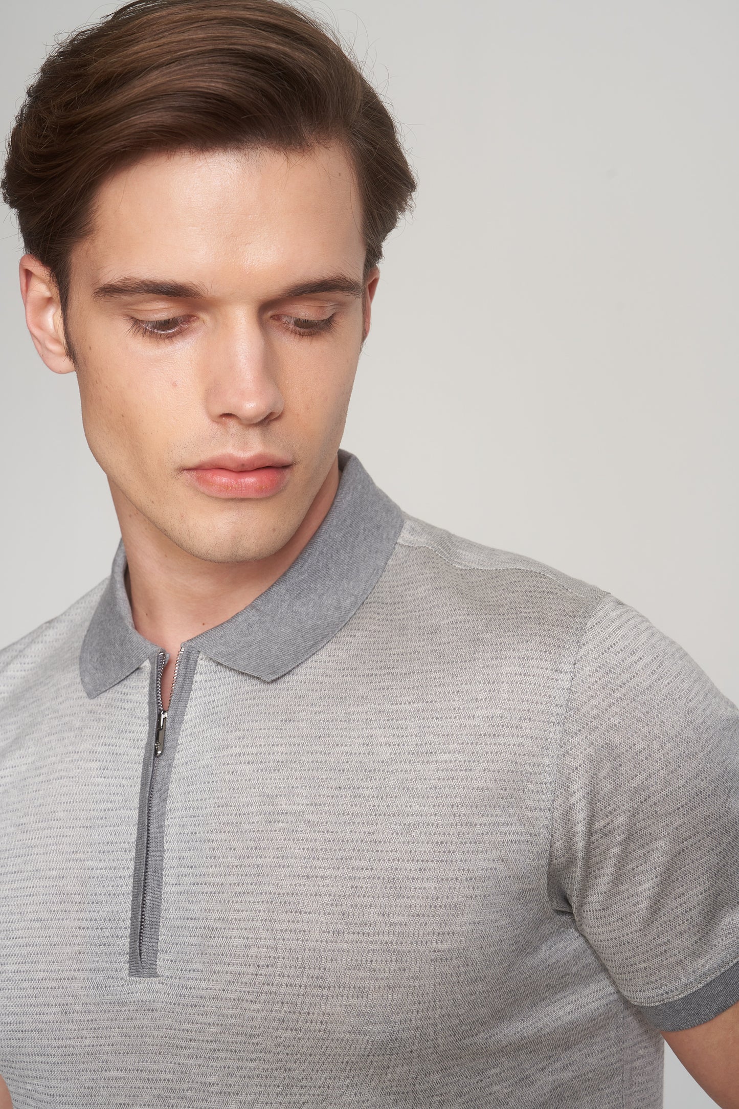 Grey Melange Mercerized Cotton Two Tone Zip-Up Polo T-Shirt