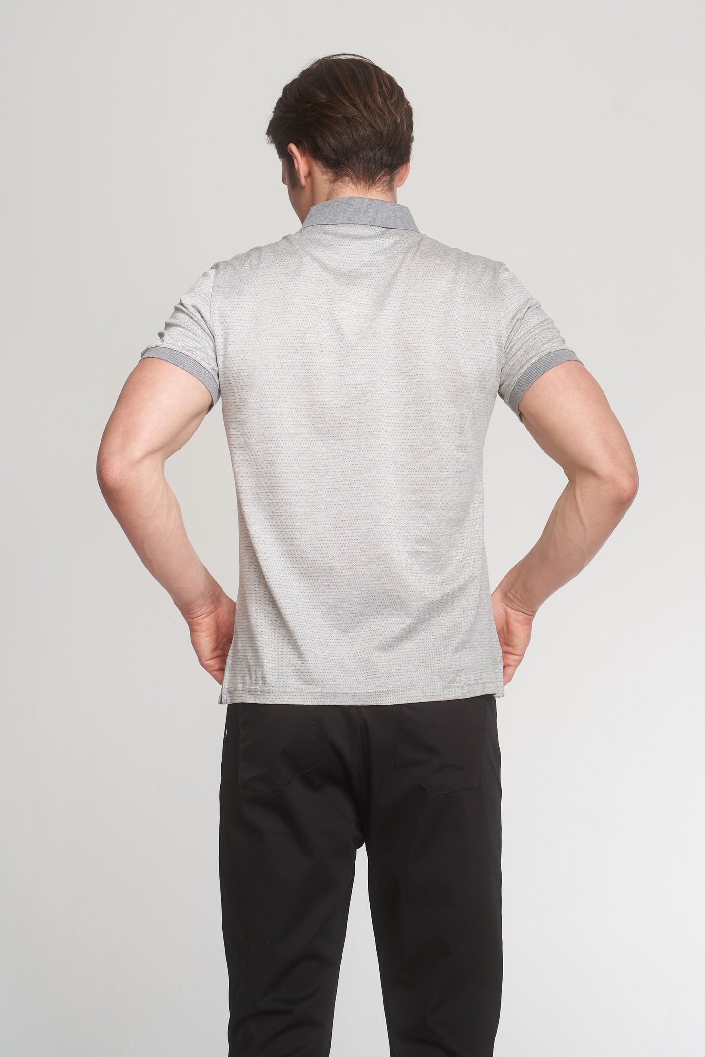 Grey Melange Mercerized Cotton Two Tone Zip-Up Polo T-Shirt