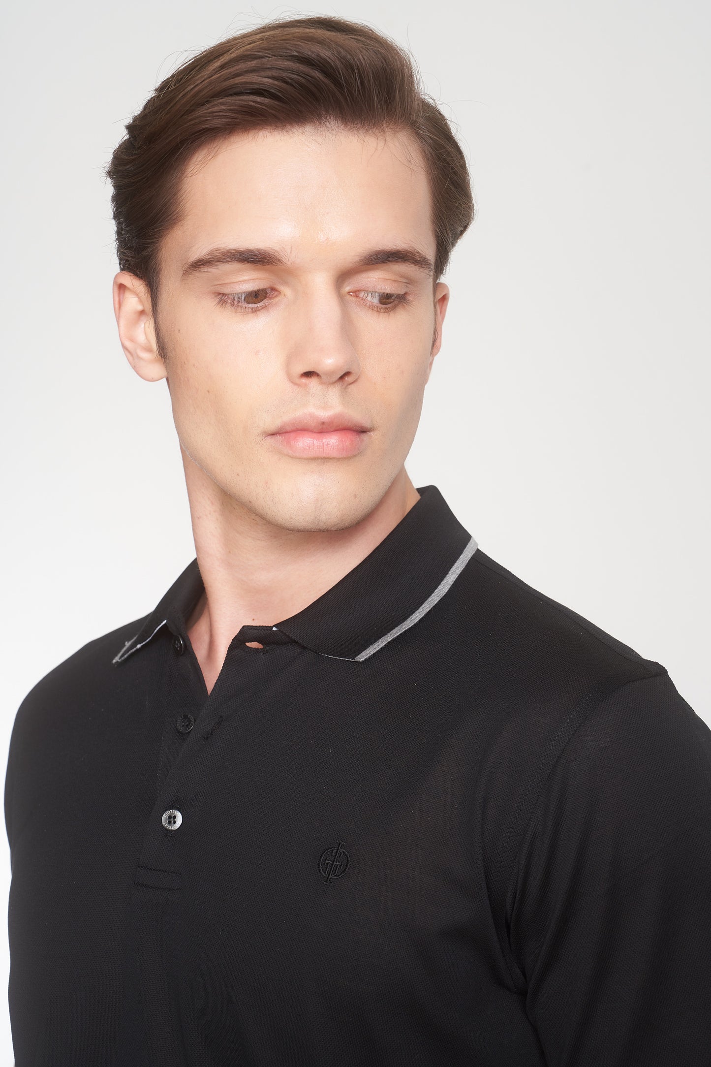 Black Mercerized Cotton Buttoned Polo T-Shirt