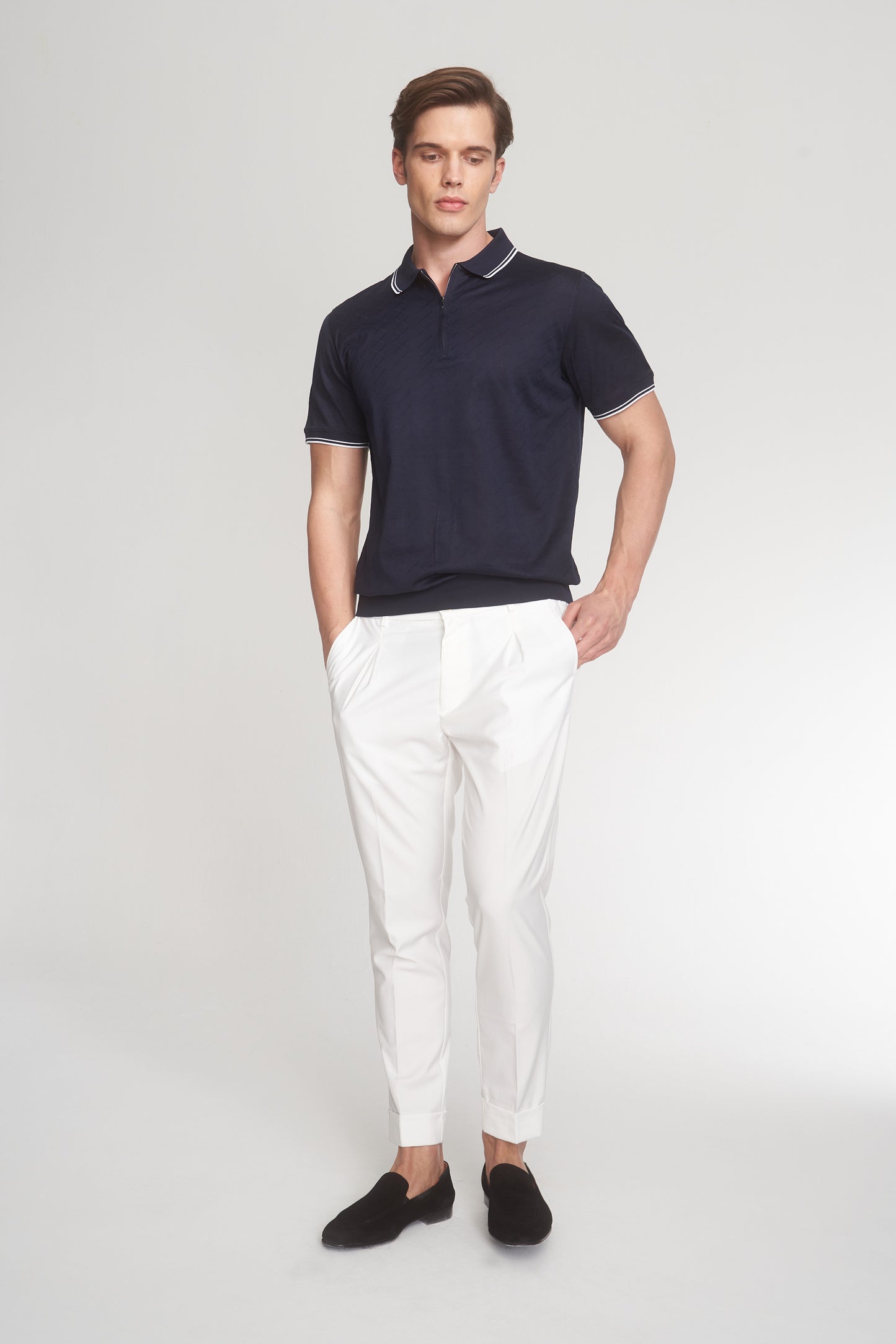 Navy Mercerized Cotton Patterned Polo T-Shirt
