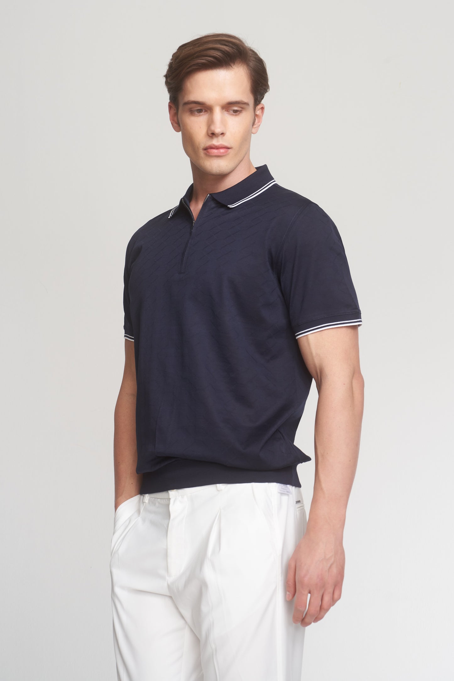 Navy Mercerized Cotton Patterned Polo T-Shirt