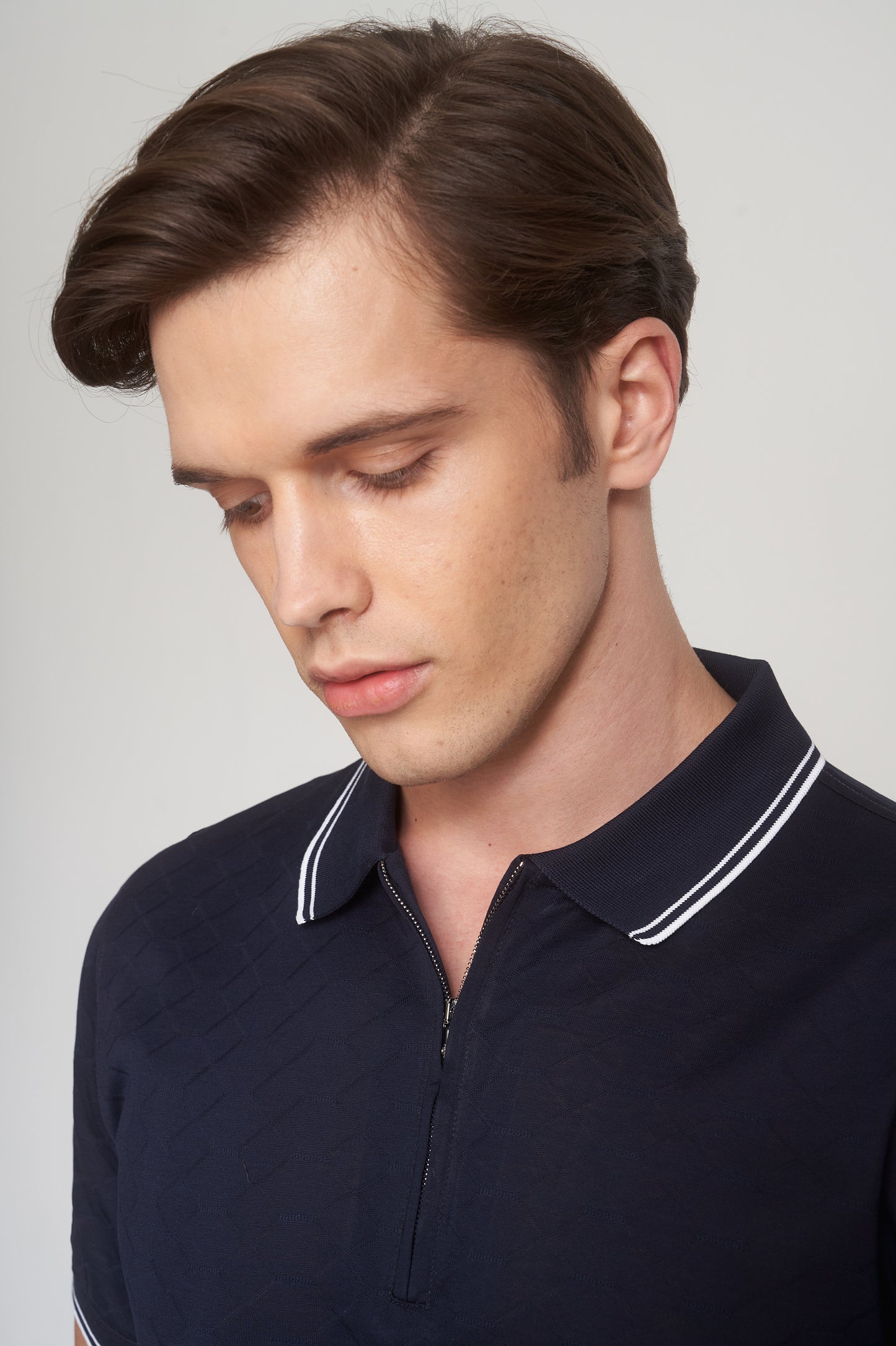 Navy Mercerized Cotton Patterned Polo T-Shirt