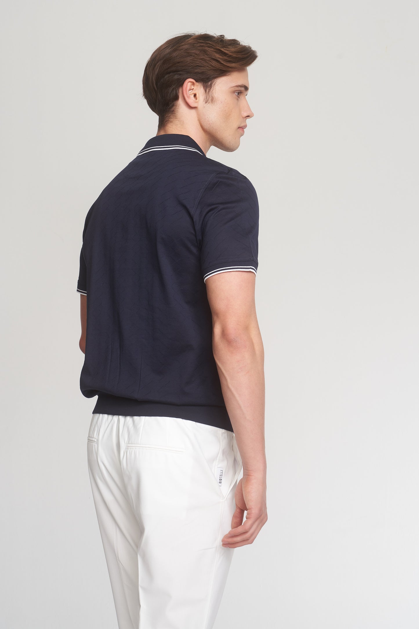 Navy Mercerized Cotton Patterned Polo T-Shirt