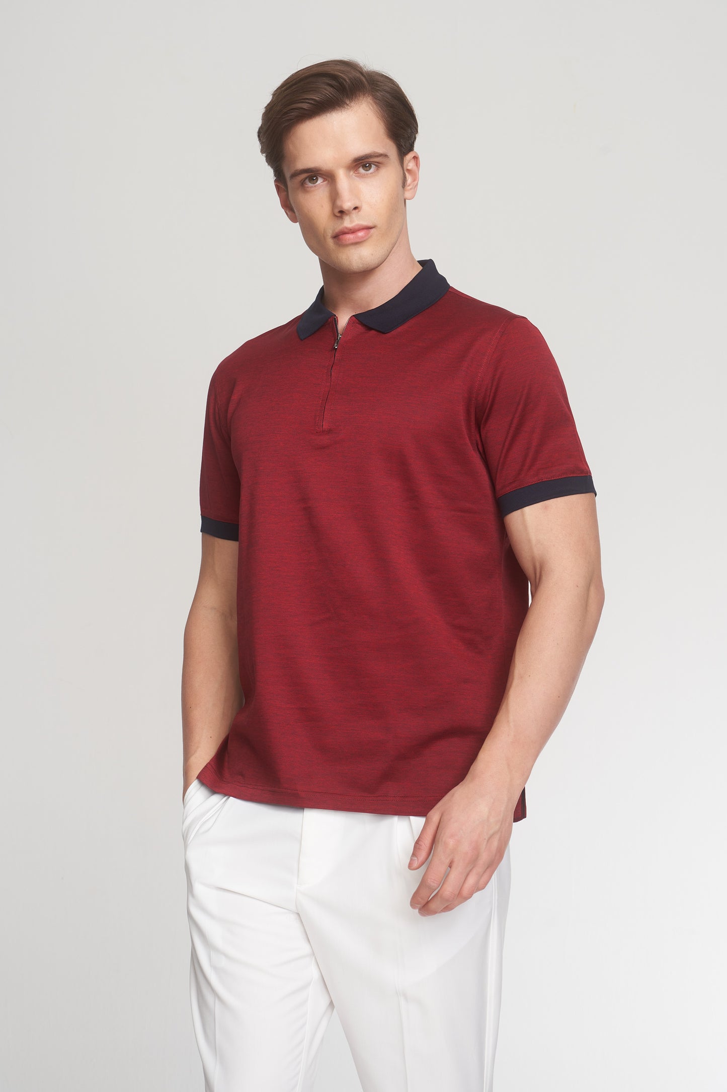 Navy - Red Mercerized Cotton Two Tone Zip-Up Polo T-Shirt