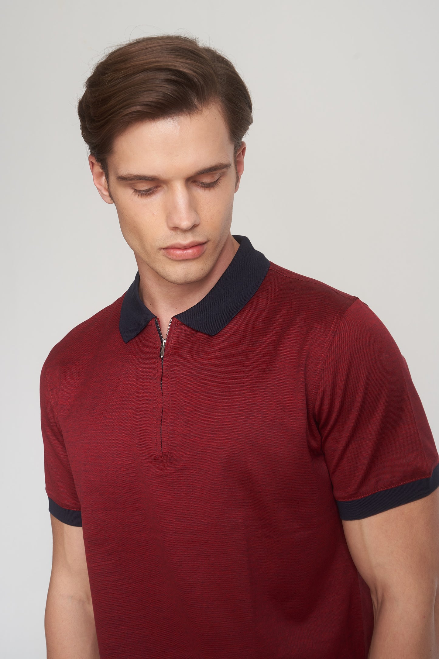 Navy - Red Mercerized Cotton Two Tone Zip-Up Polo T-Shirt