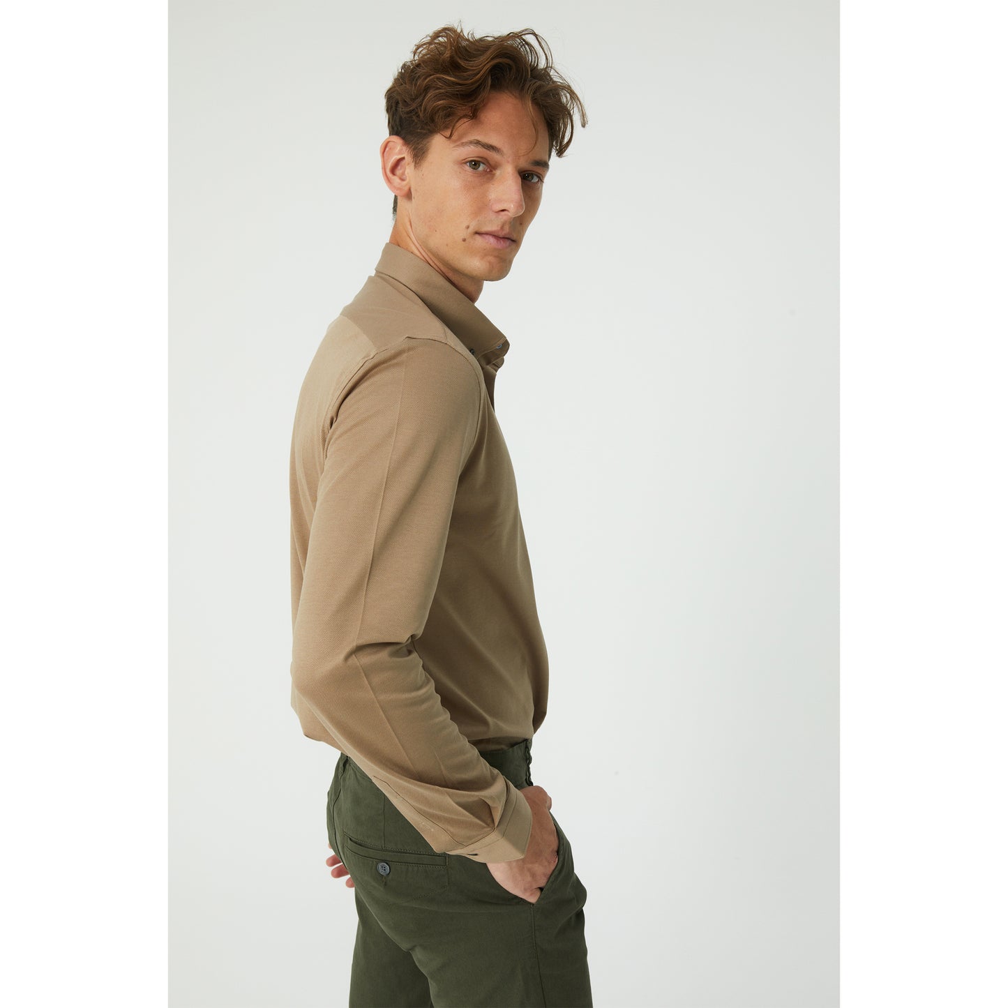 Light Brown Pique Cotton Knit Shirt