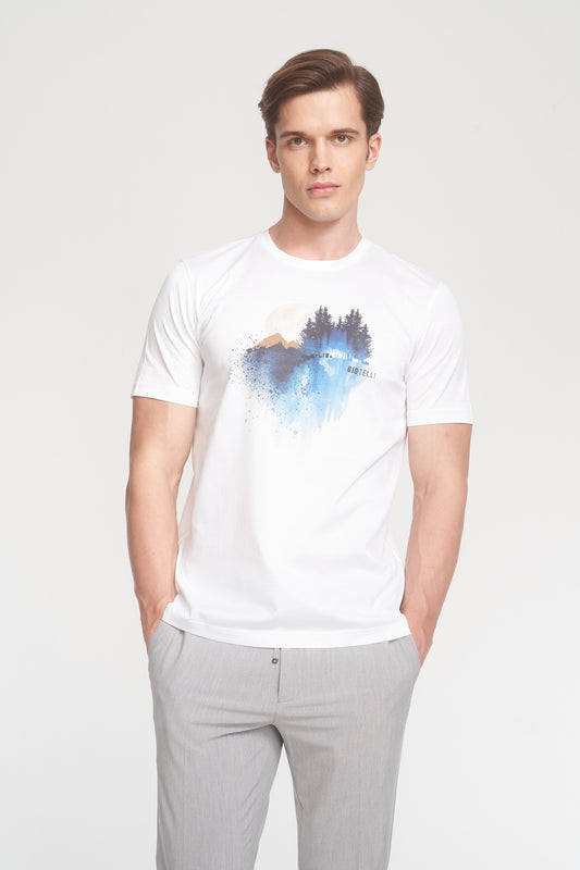 White Mercerized Cotton Graphic T-Shirt