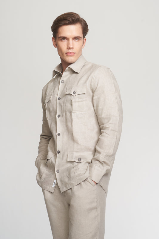 Beige Linen Shirt Jacket