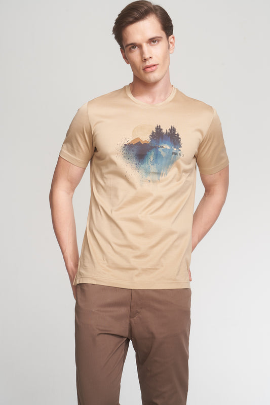Beige Mercerized Cotton Graphic T-Shirt