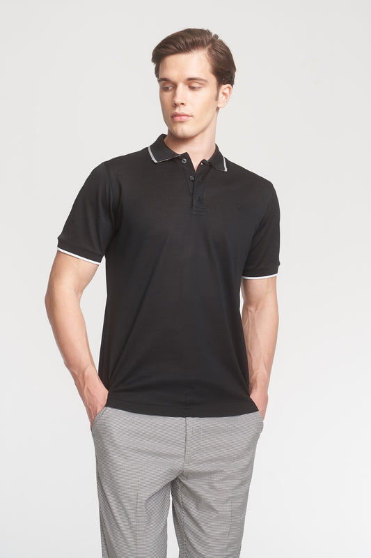 Black Mercerized Cotton Buttoned Polo T-Shirt