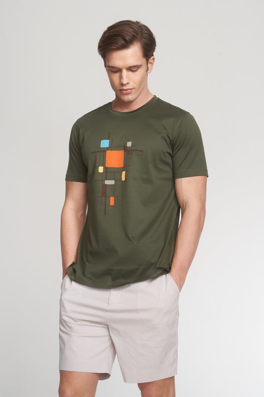 Khaki Mercerized Cotton Graphic T-Shirt